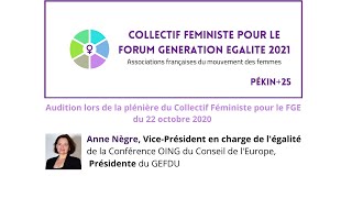 Audition d'Anne Nègre lors d'une plénière du Collectif Féministe pour le FGE